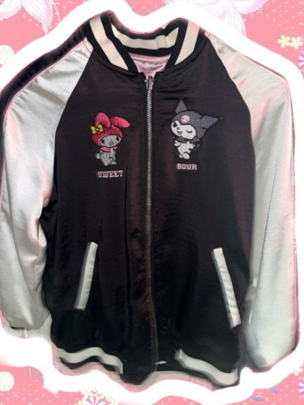 Forever 21 Black and White Bomber Jacket with Pink Character Embroidery
